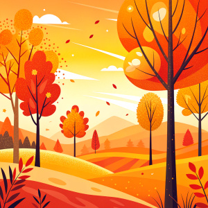 Seasonal Landscape: A drawing of an autumn landscape where vibrant red, orange, and golden leaves cover the ground, and trees reflect warm tones from the low sun in the sky.