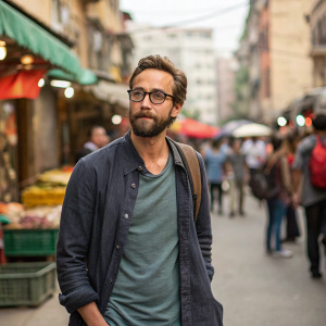 Tom Mison, actor, in a casual outfit with a beard and glasses. Standing in a bustling street market.