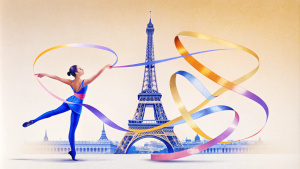 rhythmic gymnast performs with a ribbon against the backdrop of the Eiffel Tower, deep rich colors