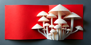 Create a kirigami folded paper art piece, which features a cluster of mushrooms in 3D relief.  Give the image insane detail.  Use red and white paper for the mushrooms.  Use white paper for the background.