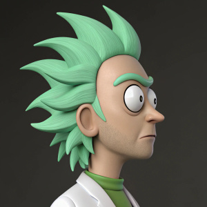 A 3D render of a character from Rick and Morty. Profile view, green wavy hair, pliable face, notable eyes. Dark grey background.