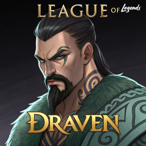 Draven, male character with broad face and intense gaze. Stylized beard and greenish garment with intricate patterns. Dark background with League of Legends logo and text