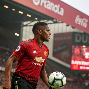 Antonio Valencia, soccer player, posing dynamically with a soccer ball in the foreground. He wears Manchester United's red jersey with black accents and logos. Background is a stadium filled with advertisements, including Coca-Cola.