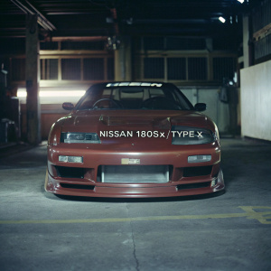 Red Custom Nissan 180SX Type-X, parked in a neon-lit underground garage. Wide-body kit, glossy finish, hood scoop, and front bumper modifications. High-performance aesthetic with promotional text elements.