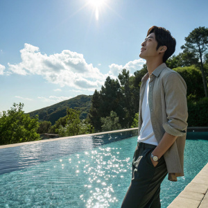 Kim Hyun-Joong, Korean actor, in casual wear, standing beside a pool during a summer photoshoot. Bright sunlight reflecting off the water.