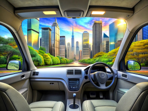 Inside of a city car and full colour, HDR photo realistic, computer screen 