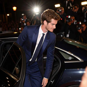Andrew Garfield at Cannes Film Festival premiere. Wearing a sophisticated navy blue suit and matching tie. Stepping out of black car, flashing lights of paparazzi