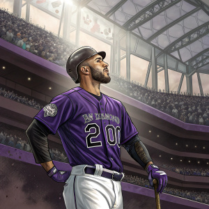 Ian Desmond from the Colorado Rockies, wearing a purple jersey with number 20, posing confidently at an indoor stadium event with a crowd in the background.