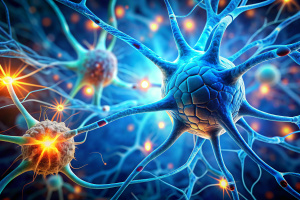 Nerve cell blue color banner, system neuron of brain with synapses. Medicine biology background.