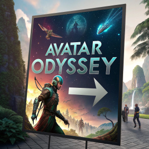 Promotional poster for Avatar Odyssey. Bold text in center. Arrow pointing to it.