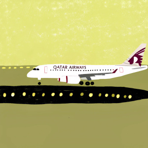 Qatar Airways aircraft illuminated on the runway at night. White fuselage with glowing maroon logo. Airport lights and plane lights highlight the runway. Distant airport buildings barely visible in the background.