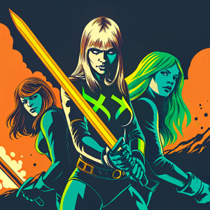 Promotional illustration for Marvel Collection Panini featuring multiple figurines of Magik. Each figurine captures Magik in various dynamic poses with intricate details. Set against a dramatic, fiery background, the illustration highlights the stylized graphic design and vibrant mix of colors.