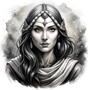 Saga, The Seer - Nordic Goddess of Sagas & Myths perfect realistic art, high-definition grey and black, white background tattoo design