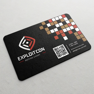 ExploitCon business card design: Modern, sleek layout. Black background, QR code, brand logo. Grid of small squares in colors black, red, white, brown. Clean and contemporary style.