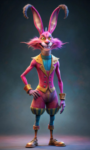 generate a colorful pink angry tall rabbit human farmer from the circus in illustration cartoon style. should be a hostile creature. game character design. he should be tall and long. angry evil face. long legs. long big body. 