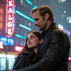Alexander Skarsgård and young actress Onata Aprile. Holding each other at a film premiere. Neon-lit cityscape background