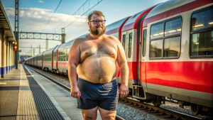 Dikke man met bril in zwembroek staat voor een trein