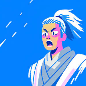 Digital illustration of Yasuo from League of Legends. Focus on face and expression. Blue and gray tones, sketch-like style, darker shades.