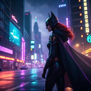 In a futuristic cityscape, a superheroine with a silhouette reminiscent of Batgirl. She wears a sleek, dark costume with a flowing cape. With fiery hair cascading down her back, she stands firm, her intense gaze piercing through the neon-lit streets.