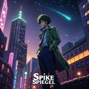 Digital art featuring Spike Spiegel from Cowboy Bebop. Set against a neon-lit cityscape at night. Illustration showcases a dramatic quote from the series.