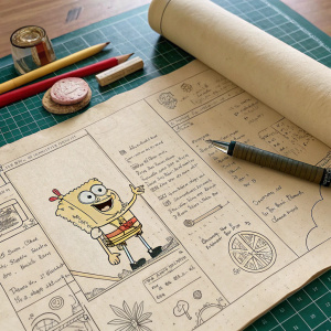 Claire Hui Yang's ancient scroll, illustrating Spongebob's journey. Elaborate drawings and detailed notes fill the parchment, guiding the reader through the story's narrative. The grid layout showcases the scribe's precision.