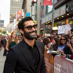 Tyler Hoechlin, bearded actor, wearing dark glasses and a black suit. Crowded street scene at a film festival.