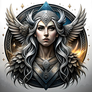 Nordic Godness Snotra - perfect realistic art, high-definition grey and black, white background tattoo design