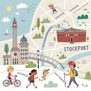 Illustrated map of Stockport. Tiny cartoon characters navigate the bustling city streets.