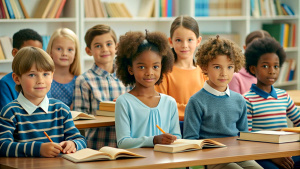 Multicultural group of kids sit at tables with books and study at primary school. Education, knowledge, development or studying