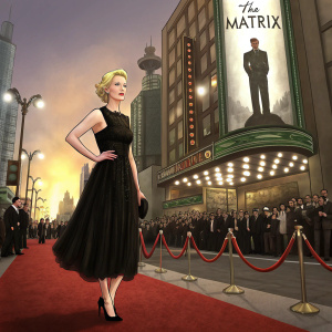 Tilda Swinton, blonde hair, wearing a black cocktail dress, standing on a bustling Hollywood Boulevard red carpet. A giant movie poster for 'The Matrix' looms behind her.