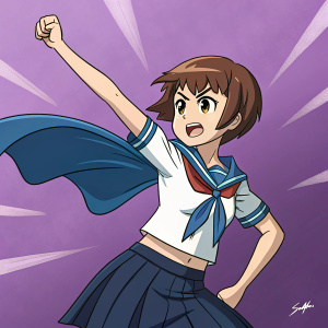 Mako, from the anime series 'Kill La Kill', in a dynamic pose. She has a short, stylish haircut and wears a traditional school uniform with a blue scarf. Set against a vivid purple backdrop. Digital artwork in anime style.