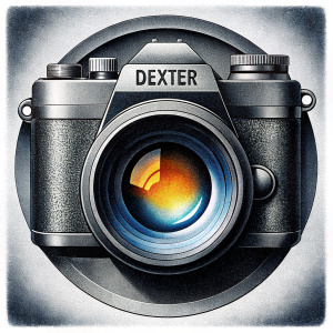 crear logo con diafragma de camara fotografica en blanco y negro agregar la palabra DEXTER como la marca o nombre del logo con fondo transparente inspirado en el retrato y foto de naturaleza agregar un poco de naranja y azul y unco mas minimalista