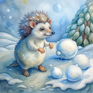 "In the garden, a little hedgehog is rolling snowballs. It's winter, lots of snow, and the hedgehog has frozen paws and quills



