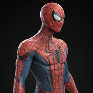 High-resolution 3D model of Spider-Man. Neutral pose. Detailed anatomy. Intricate musculature. Web-like patterns. Solid black background.