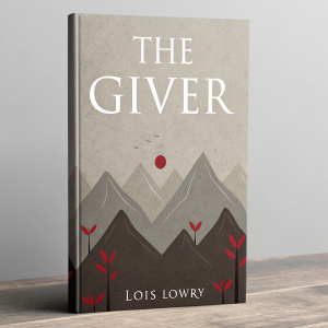 Book cover for 'The Giver' by Lois Lowry. Abstract mountain shapes with subtle red accents, muted color scheme of brown and grey. Title 'The Giver' at the top.