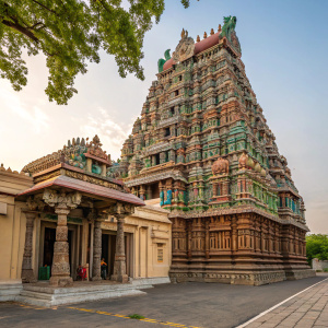 Photograph of the Meenakshi Amman Temple in Madurai, India. Richly decorated with detailed carvings, sculptures, and vibrant colors.