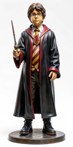 A statue of Harry Potter in Gryffindor uniform, holding a magic wand in his right hand