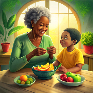 african american grandma and grandson eating fruits