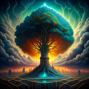 the tree of the knowledge of good and evil between hell below and heaven above, its roots and branches in the form of signal paths in electronics, more electronics