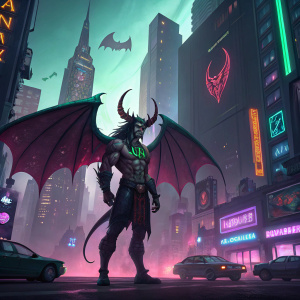 Digital illustration of Illidan Stormrage, with robust physique and expansive wings, set against a neon-lit cyberpunk cityscape.