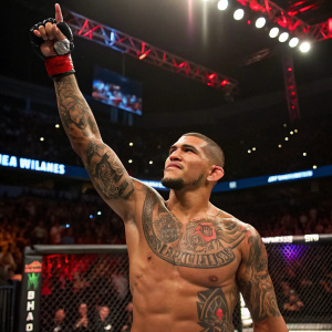 Anthony Pettis, UFC fighter, shirtless, with intricate chest tattoos. Performs victory pose in the bright lights of the octagon post fight, with a packed stadium cheering in the background.