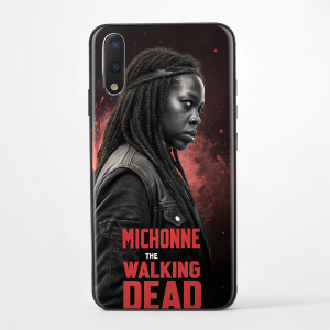 A smartphone case featuring Michonne from The Walking Dead. The design is black with a red-tinted, gritty background and bold red text.