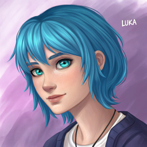 Digital artwork of Luka, character from Miraculous Ladybug. Wears blue hair and has turquoise eyes. Soft color palette, purple gradient background. Detailed facial features, smooth blending techniques, artist's signature