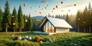 country one-story modern house, minimalistic, modest design, few details, not pretentious, small windows, siding, white walls, triangular roof, located in the forest, a lot of orange balloons are flying behind the house, small balloons, a lot of balloons, bright sky , photorealism, high quality photo, photo as in life, hdr, 3K, professional photographer