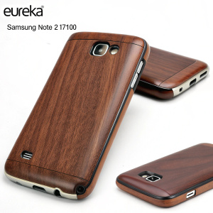 Eureka's Samsung Note 2 N7100 Wood Textured Phone Case. Rich brown finish, sleek design, snug fit. Promotional photo with close-up and full body views. Brand name visible. White background.
