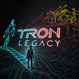 Digital art for TRON Legacy soundtrack. Futuristic design with neon text title on black background.