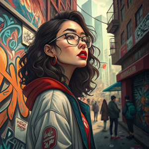 Young Asian woman with dark wavy hair, wearing glasses and a bold red lipstick. Standing in front of a colorful graffiti wall in an urban setting.