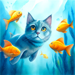 CAT UNDER WATER WITH FISH