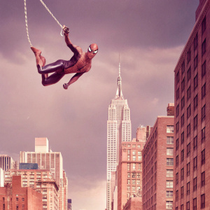Spider-Man, swinging through the streets of New York City, dramatic action shot with Manhattan skyline in background.