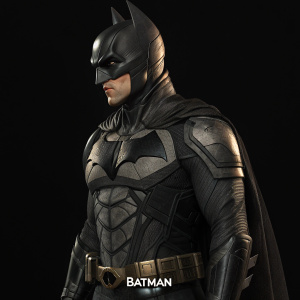 Digital art of Robert Pattinson as Batman. Batsuit in black and grey with detailed belts and accessories. Dark, sleek, and menacing look. High-resolution focus on suit and actor's face. Batman logo at bottom. Black background.